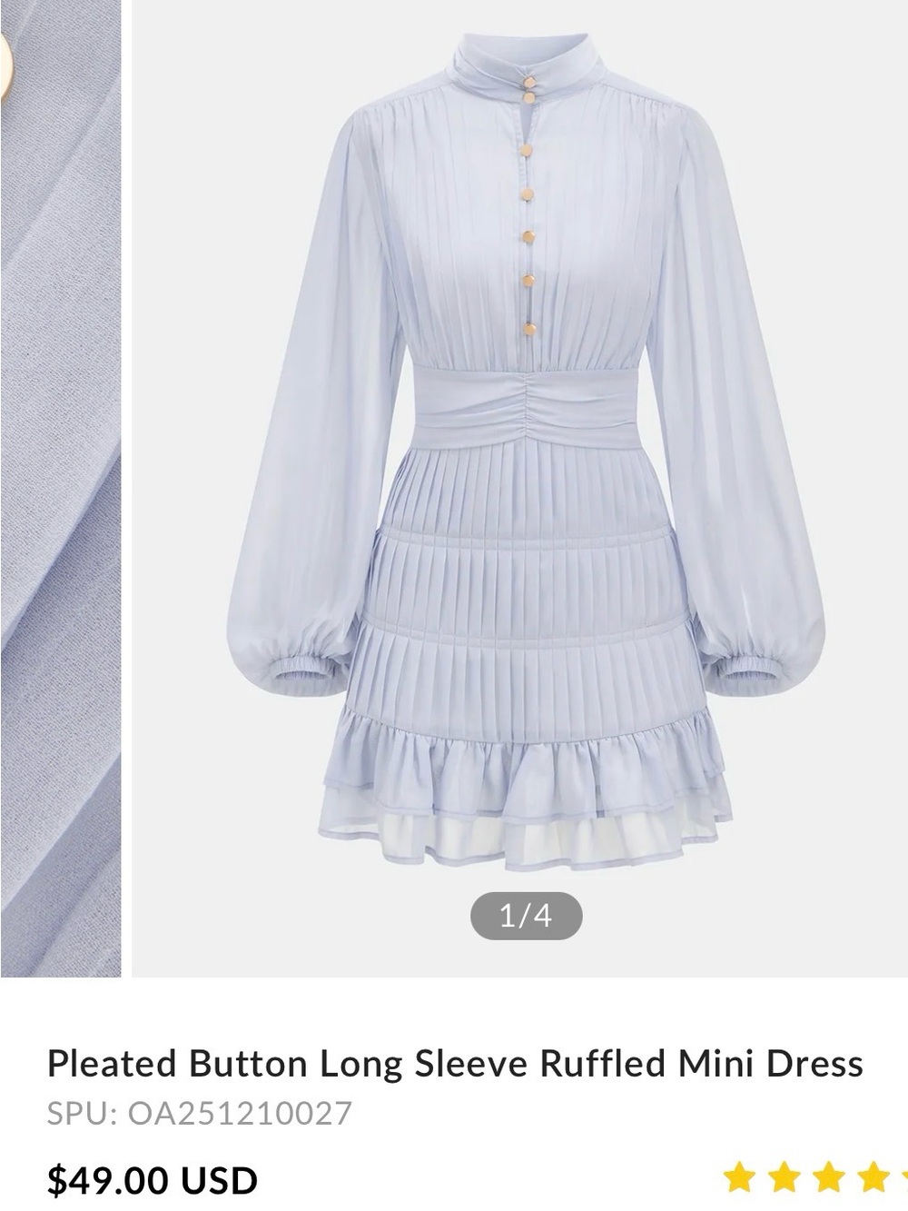 Commense Pale Blue Pleated Ruffled Mini Dress